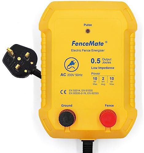 FenceMate 230V Output 0.5 Joule 10 km Range Mains Powered Electric Fence Energiser Peak 10 kV, Fence Charger to Protect Poultry and Livestock, Fencer for Homestead, Garden