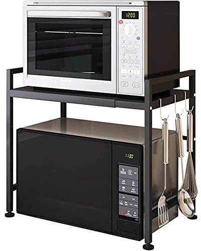 Drumm Meuble Rangement de Cuisine Support Four Micro-Ondes Extensible en Hauteur & Largeur - Noir, Acier au Carbone, 2 Niveaux d'étagère, 3 Crochets pour Ustensiles de Cuisine, 40/64 x 45 x 36.5 cm