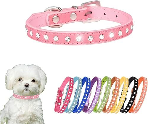 Puppy Dog Collar With Rhinestones Glitter Soft Comfy Pu Leather Cute Diamante Fancy Crystal Colorful Collars For Small Cat Pet Chihuahua Corgi Siberian Persian Maine Coon Pink X Xs
