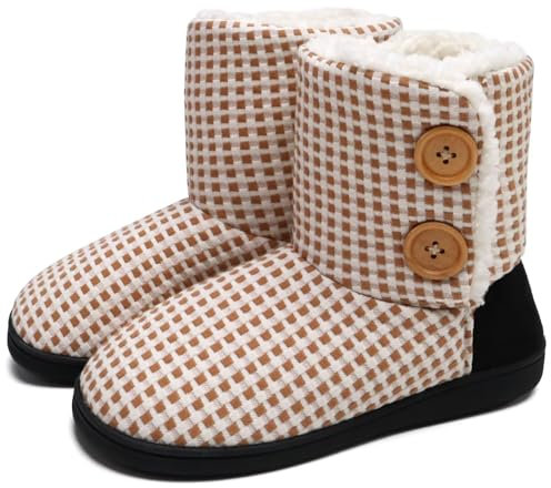 KuaiLu Women Memory Foam Slipper Boots Faux Fur Lined Non Slip Khaki/White