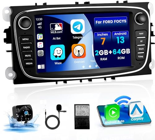 [2+64G] Android 13 Autoradio Wireless Carplay für Ford Focus Kuga Galaxy C-MAX S-MAX Mondeo MK4 7 Zoll Autoradio mit Bildschirm Navi Android Auto Bluetooth WiFi FM RDS (Schwarz)