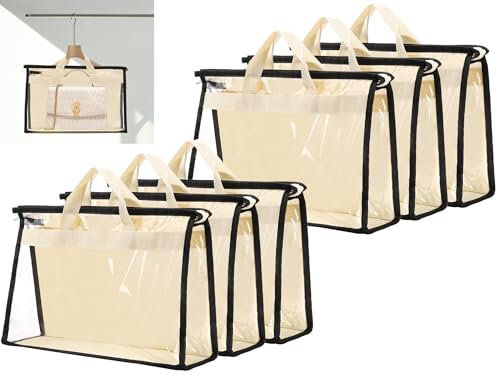 Jeffbaubl 6 Stück Staubbeutel für Handtaschen,Transparente Handtaschen-Aufbewahrungstasche,Handtaschen Staubbeutel mit Reißverschluss und Griff für Schrankregale Organizer (Beige, M Größen)