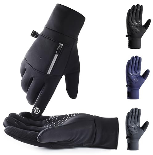 BATABA Gants de sport thermiques pour homme et femme avec poche zippée pratique pour clé, jogging, course, cyclisme, ski, marche, imperméable et coupe-vent, écran tactile (noir, XL)