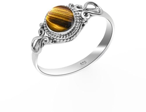 Tigerauge Ring 925 Sterling Silber 100% Natürlicher Edelstein, Statement Herren-Damen Vintage Boho Handarbeit Ring Runde Form 6 mm Verlobungsring NH26-TGRE-3