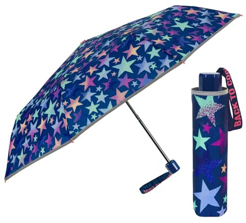 PERLETTI Paraguas Niña Plegable Antiviento Estrellas - Mini Paraguas Niñas 7+ Años Portátil Reflectante - Sombrilla Lluvia Infantil con Apertura Manual de Bolso - Diámetro 91 cm (Estrellas)