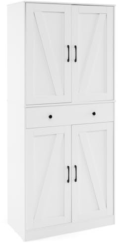 COSTWAY 183cm Tall Kitchen Cupboard, 4-Door Buffet Pantry Storage Cabinet with 3 Adjustable Shelves, Drawer & Anti-tipping Device, Freestanding Farmhouse Sideboard Organizer Unit (White)