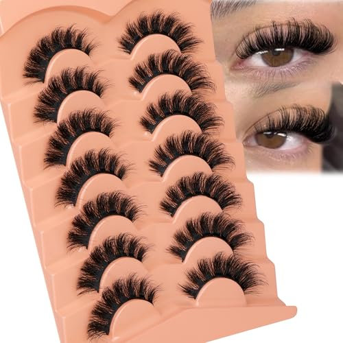 D Curl Russian Strip with Eyelash Glue Fluffy Cat Eye Natural Eyelashes 20MM Dramatic Faux Mink Eyelashes Full Volume False Eyelashes with Glue 7 Pairs Pack