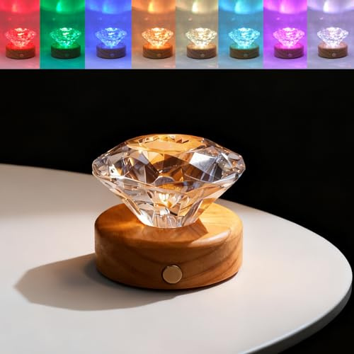 Diamantförmige kleine Tischlampe mit RGB Sieben-Farben-wechselndem Nachtlicht, wiederaufladbar & Massivholzsockel, einzigartige und elegante Beleuchtung für Schlafzimmer oder Wohnzimmer Dekoration