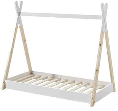 FURNLUX Kinderbett Tipi, 70x140 cm Schlafbereich, Hausbett Design, Beige, Kiefernholz, 85x146x131 cm