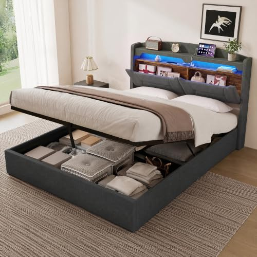 BRILVERDE Polsterbett 140x200 mit Stauraum, Stauraumbett mit LED/USB, Doppelbett mit kopfteil, Bettgestell mit Lattenrost, Bettrahmen für Erwachsene, Leinen (Hellgrau, 140 x 200 cm)