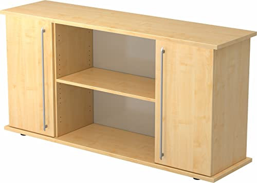 bümö Sideboard Ahorn mit Flügeltüren & Regal - Büromöbel Sideboard Holz 166cm breit, 45cm schmal, Büro Schrank für Flur oder als Wohnzimmer-Kommode mit Relinggriffen