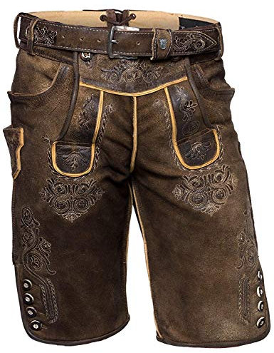 Alpenlife Kurze Heren Trachten Lederhose Karl aus wildbuckleder, moor-antik speckig. (Dunkelbraun, Gr.56)