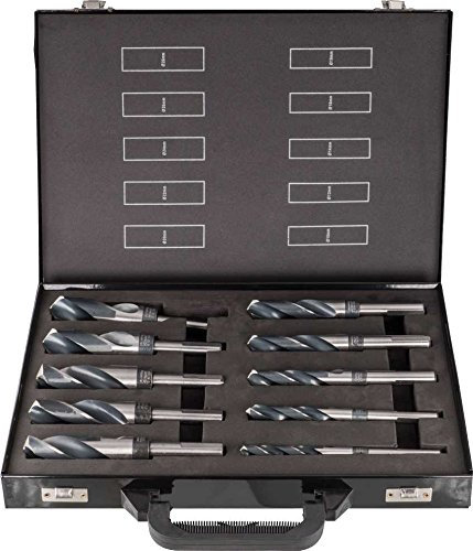 Große Bohrerdurchmesser mit reduziertem Schaft für 13 mm Bohrfutter. Industrie Spiralbohrer in Metallkoffer, HSS G GESCHLIFFEN~ DIN 338 Typ N, Toleranz h8: 10-tlg Ø10-12-14-16-18-20-22-24-25-26 mm