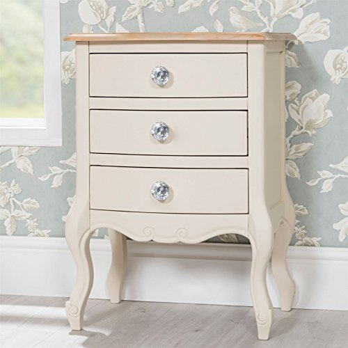 Juliette Shabby Chic Bedside Table with 3 drawers and crystal handles - Champagne. FULLY ASSEMBLED