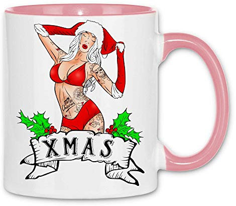 wowshirt Tasse Biker Weihnachten Sex Tattoo Totenkopf, Farbe:White - Pink