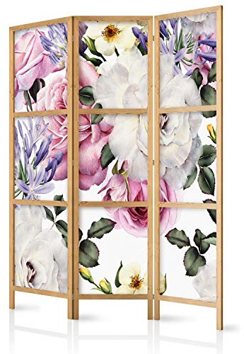 murando - Paravent Raumteiler Holz Blumen Rose, 135x172 cm, 3-teilig, Büro | Mobiler Sichtschutz, sofort einsatzbereit, Holzrahmen, ideal fürs Wohnzimmer oder Büro, geruchsneutral, lichtbeständig