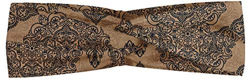ABAKUHAUS Damast Halstuch Bandana Kopftuch, Orientalische Blumenmosaik Blumen Gebogene Blatt wirbelt Folk viktorianischen Kunstdruck, Elastisch und Angenehme alltags accessories, Tan und Nachtblau