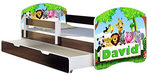 ACMA Kinderbett Jugendbett mit Einer Schublade und Matratze Wenge mit Rausfallschutz Lattenrost II 140x70 160x80 180x80 (01 Zoo name, 180x80 + Bettkasten)