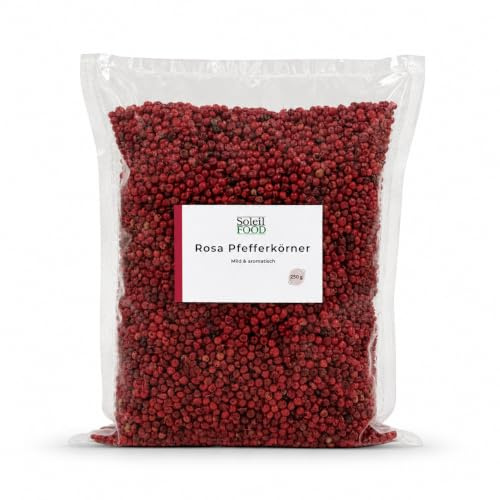 SoleilFOOD Rosa Pfeffer 250 g - Rosa Beeren ganz, Schinusbeere | ganze rosa Beeren, mild-würziges Aroma, gentechnikfrei - ideal für Fleisch, Fisch, Salate & Gewürzmühle