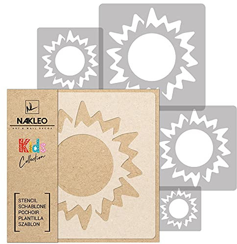 NAKLEO Schablonen Malen für Kinderzimmer, 5 Stück Set 9x9 bis 34x34cm Sonne Himmel Stern, Wiederverwendbare Kunststoff Malvorlage Raumdekoration, Basteln DIY Wand Möbel Papier Stoff