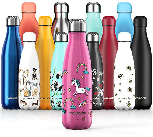 PROWORKS Insulated Water Bottle, BPA-Free, Reusable Stainless Steel Bottle for 12 Hours Hot & Cold Hold Up to 24 Hours, Sport, Gym, Travel – 1 Litre – Bright Pink – Unicorn Paradis