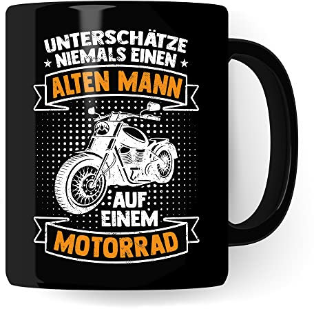 Motorrad Tasse, Unterschätze niemals einen alten Mann auf einem Motorrad, Biker Geschenk Spruch lustig Motiv Geschenkidee Kaffeetasse Motorradfahrer Männer Kaffeebecher (Schwarz)