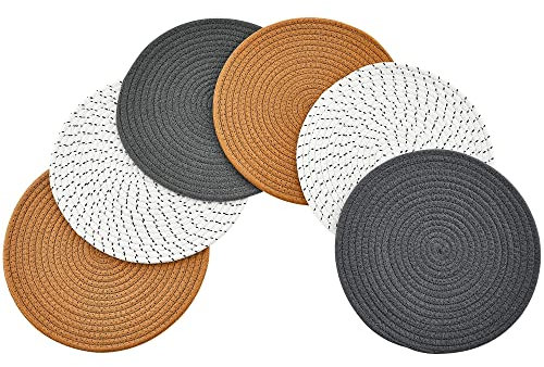 Woven Trivet Placemats Table Mats: Humbson 6Pcs Round Farmhouse Heat Dinner Plate Mat Set - Natural Cotton Rope Placemat Boho Charger Kitchen Hot Pads Pot Holder 11.8 Inch (11.8x11.8)
