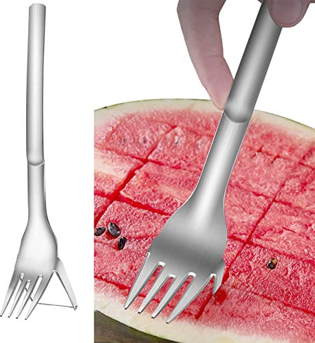 2 in 1 Watermelon Slicer & Cutter-Stainless Steel Fruit Cutting Fork Melon Cube Cutting Tool for Kitchen Gadget