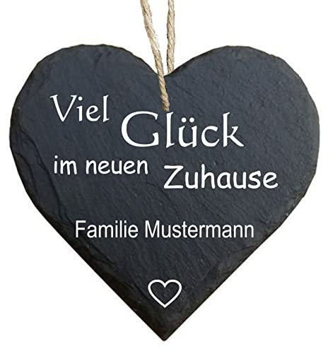 homeyourself - Schieferherz Schiefer Schild personalisiert mit Druck/Wunschtext - Viel Glück im neuen Zuhause- individualisiert