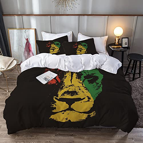URSOPET Bettwäsche-Set,Mikrofaser,Grüner Marley Löwenkopf Rasta Roter Bob Reggae Judah Jamaika Farbe,1 Bettbezug 220 x 240 cm + 2 Kopfkissenbezug 80x80cm