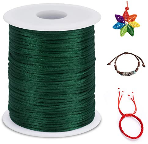 LEREATI Nylonschnur 2mm x 100m Nylonfaden Nylon Perlenschnur Satinkordel, Makramee Schnur Nylonschnur für Armbänder Perlen Auffädeln Halskette Schmuckherstellung DIY Handwerk (Dunkelgrün)
