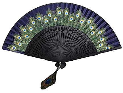 Handheld Fan Chinese Style Peacock Patterned Hand Fans Vintage Imitation Silk Handheld Folding Fan With Bamboo Frame For Dancing (Color : Navy)