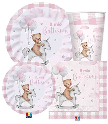 irpot kit n.47 per 8 persone battesimo teddy bear rosa bambina decorazioni piatti carta piatti dessert bicchieri tovaglioli crosa party festa battezzo bimba pastello scacchi