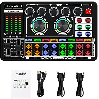 Tongdejing Sound Effects Board, Voice Changer Audio Mixer Live Sound Card for Podcasting Recording, LED Light, DJ Mixer, Soundboard