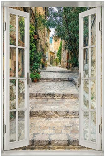 Wallario Outdoor-Poster für Garten oder Balkon Alte steinerne Gasse in Südfrankreich, Motivbanner Größe: ca. 60 x 90 cm mit Fenster-Illusion