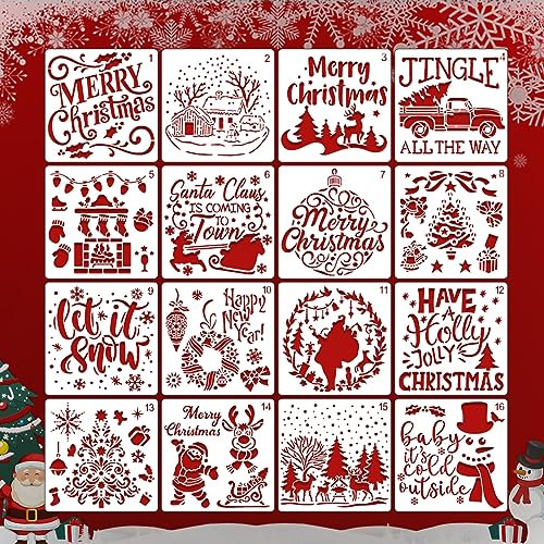 Winmany 16 Schablonen zum Malen, Weihnachten, Zeichnen, Schablonen, wiederverwendbar, durchbrochen, Malerei, DIY, Basteln auf Holz, Wand, Heimdekoration