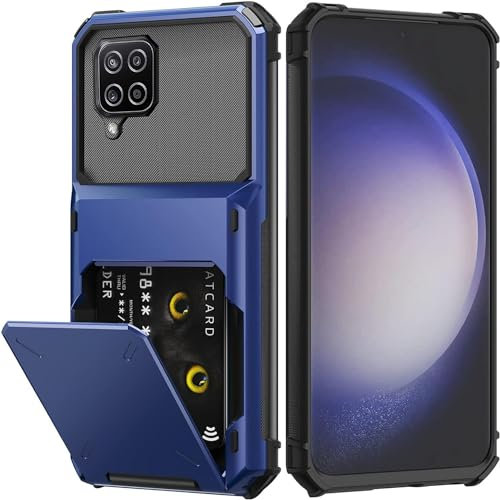 Draamvol for Samsung Galaxy A12 Phone Case with Card Holder Slots Armor Shockproof Flip Wallet Case Hard PU Back Soft TPU Inner Bumper Cover for Galaxy A12 Case, Blue