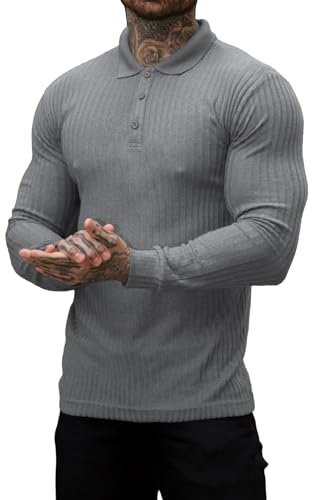 Muscle Cmdr Men's Cotton Muscle Shirts Slim Fit Business Casual Tee Long Sleeve Ribbed Polo V Neck Shirt Dark Grey/XL