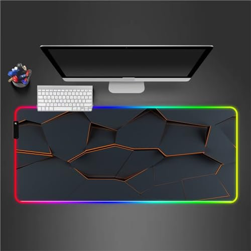 Tappetino per Mouse RGB XXL Grande Tappetino per Mouse da Gioco LED Arancione Geometrico 800x300x4mm con 14 Modalità di Illuminazione e Base in Gomma Antiscivolo per Giochi Lavoro e Studio