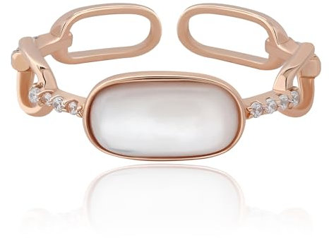 Meissa Handmade Perlenring für Frauen 925 Sterling Silber Geometrischer Rechteck Stapelbarer Goldring Perlmutt Freundschaftsring Mädchen Geschenk (Roségold)