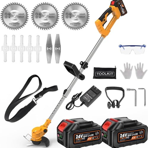 Akku Rasentrimmer für Makita Akku, Akku Rasentrimmer mit 24V Akku*2 und Ladegerät und 3 Messer, Akku Freischneider Akku Trimmer Motorsense für Garden,Lawn,Yard Trimming