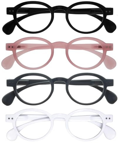 OPULIZE OCA Lesebrille - 4er-Pack - Moderne Runde Retro-Fassung - Schwarz Pink Grau Weiß - Herren Damen - Federscharniere - RRRR54-147W - +3.00