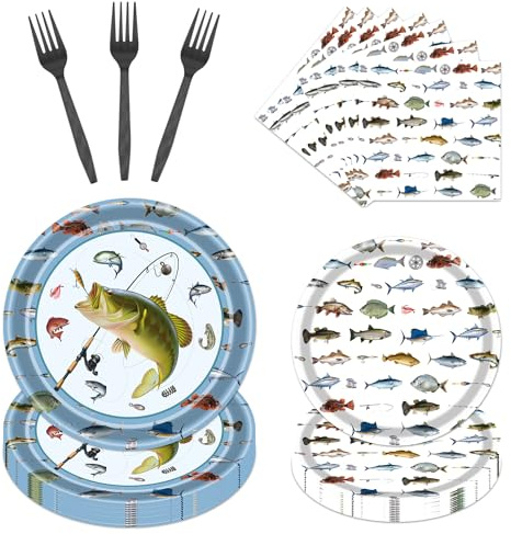 Rakuto Gone Fishing Party Decorations 96PCS Plates Napkins Forks Set
