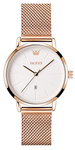 OLEVS Armbanduhr Damen Klassisches Roségold Edelstahl Mesh Armband Uhr Minimalismus Weiß Ultra Slim Großgesicht Damenuhr Freizeit Wasserdicht mit Datum Analoger Quarz Damen Uhren