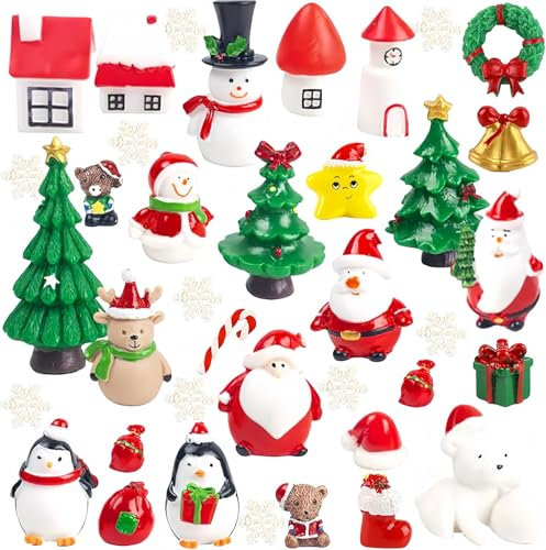 KAHIENG 38Pcs Christmas Miniature Figurines, 4CM x 3CM Mini Resin Santa Claus Snowman Elk Christmas Tree Snowflake for Christmas Fairy Garden Doll House Mini Home Party DIY Decor