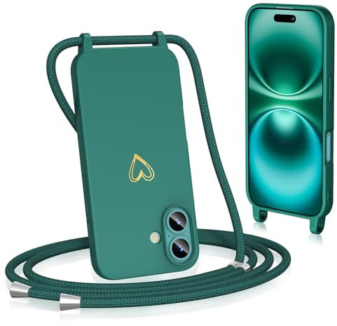 Noyabox für iPhone 16 Handyhülle mit Band, Goldenem Herz Silikon zum Umhängen Handykette mit Abnehmbarer Kordel Halskettenhülle Stoßfest mit Kameraschutz, Grün