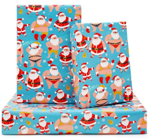 NEPOG Weihnachts-Geschenkpapier, Babyblau, lustiges Weihnachtsmann-Geschenkpapier, 6 Blatt, flach gefaltet, 50,8 x 71,1 cm pro Blatt, Weihnachtspapier für Kinder, Jungen, Mädchen, Weihnachtsfeier