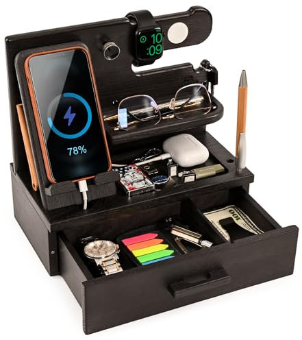 TESLYAR Wood Phone Docking Station with Drawer - Nightstand Organizer - Desk Organizer for Husband - Birthday Gifts for Men, Dad, Anniversary Idea, Key Holder Stand Watch & Accessories (Granite Black)
