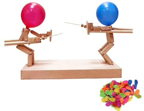 Hölzerne Fechtpuppen, Ballon-Bambus-Mann-Schlacht, Handgefertigter Ballonmann-Kampf mit 1 Beutel Luftballons,für 2 Spieler, Tischbrettspiel für Familienfeiern, Freundestreffen