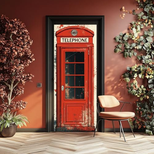 arricraft 2 Stück Selbstklebender Türaufkleber 80cm X 200cm /31.5X78.7 rote Vintage Telefonzellen Türaufkleber Aus PVC Entfernbare Tapete Dekoration Für Schlafzimmer Wohnzimmer